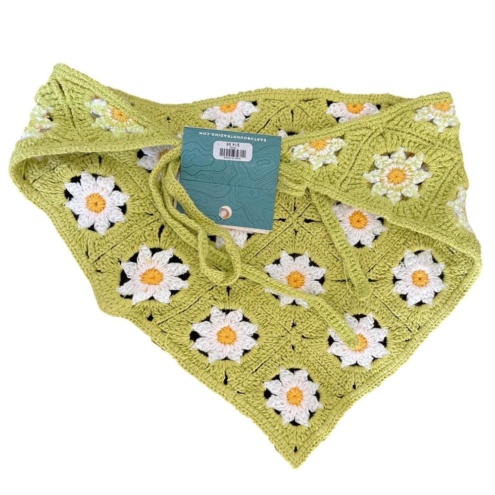 Earthbound Trading Co Green Crochet Daisy Granny Square Bandana Hair Scarf Boho - Picture 2 of 3